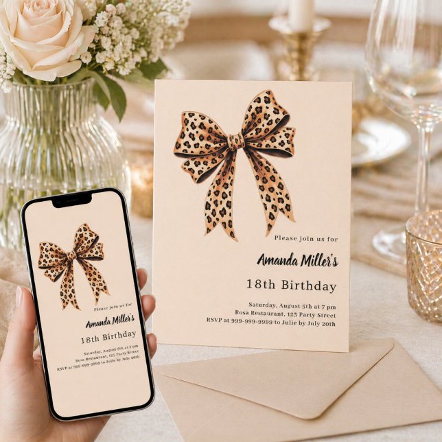 Invitación Lazo de estampado de leopardo marrón beige cumplea (Subido por el creador)