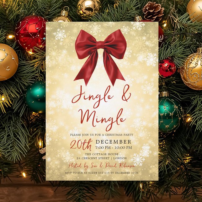 Invitación Lazo de fiesta de Navidad Jingle Mingle rojo dorad (Gold Red Jingle Mingle Christmas Party Bow & Snow Invitation)