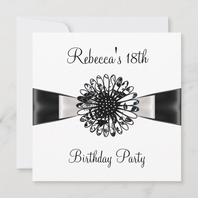 Invitación Lazo de flor blanco negro Cumpleaños 18 Party 2 (Anverso)