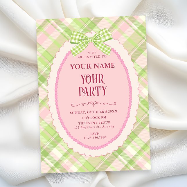 Invitación Lazo de gingham adorable verde (Subido por el creador)