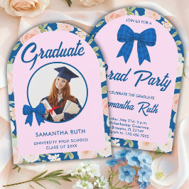 Invitación Lazo de gingham azul de flor silvestre Foto Fiesta