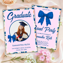 Invitación Lazo de gingham azul de flor silvestre Foto Gradua
