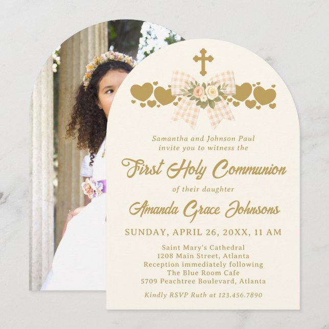 Invitación Lazo de Gingham Marfil para Primera Comunión de Ni (Anverso / Reverso)