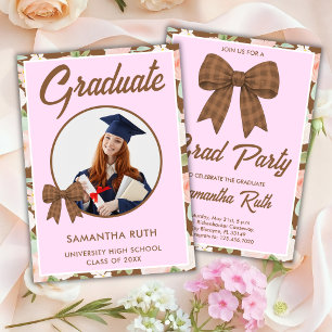 Invitación Lazo de gingham marrón de flor silvestre Foto Grad