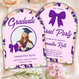 Invitación Lazo de Gingham Morado de Flor Silvestre Foto Grad