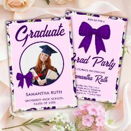 Invitación Lazo de gingham morado de flor silvestre Foto Grad