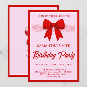 Invitación Lazo de Gingham Rojo Cumpleaños 30