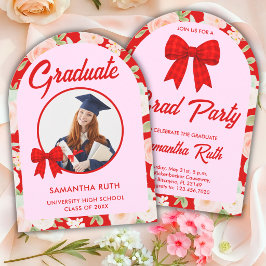 Invitación Lazo de gingham rojo de flor silvestre Foto Fiesta