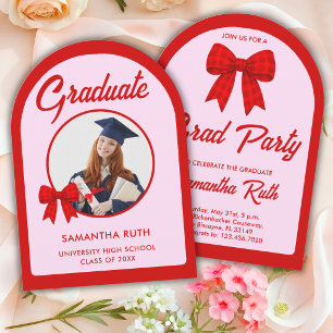 Invitación Lazo de gingham rojo en forma de arco para foto en