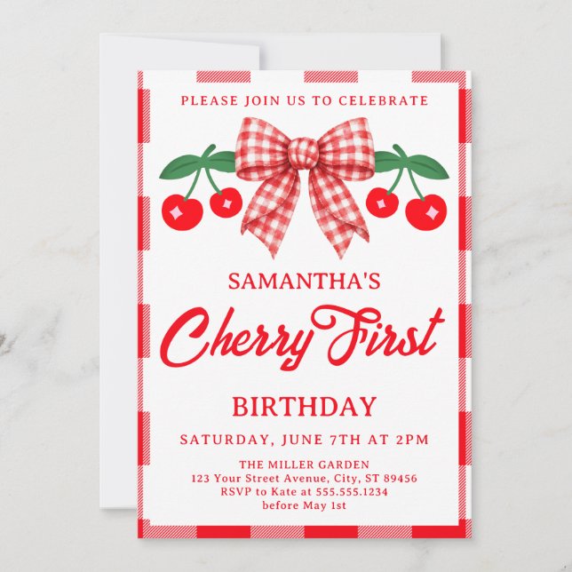 Invitación Lazo de gingham rojo para el 1er cumpleaños de Che (Anverso)