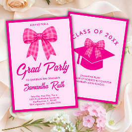 Invitación Lazo de gingham rosa brillante Fiesta de graduació