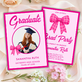 Invitación Lazo de gingham rosa brillante Foto Fiesta de Grad