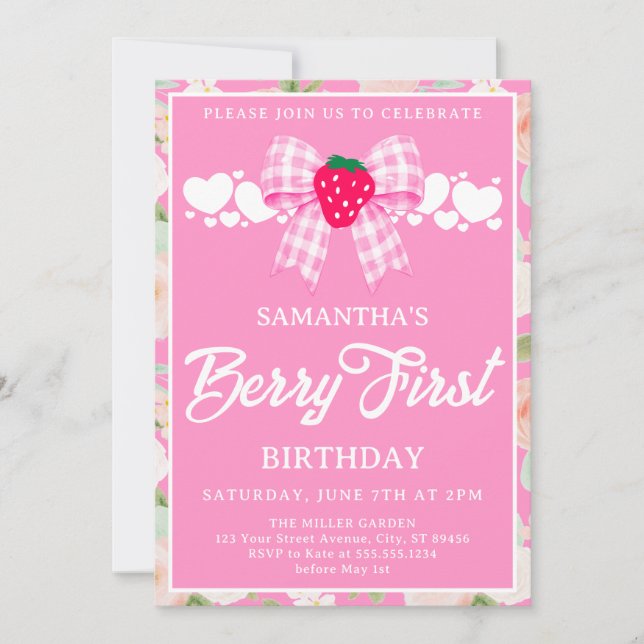 Invitación Lazo de gingham rosa Cumpleaños de fresa de primer (Anverso)