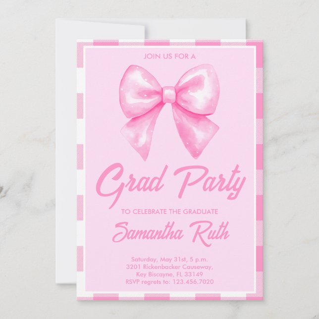 Invitación Lazo de gingham rosa dibujado a mano Fiesta de gra (Anverso)
