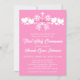 Invitación Lazo de gingham rosa para la primera comunión de u