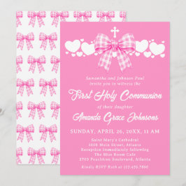 Invitación Lazo de gingham rosa para la primera comunión de u