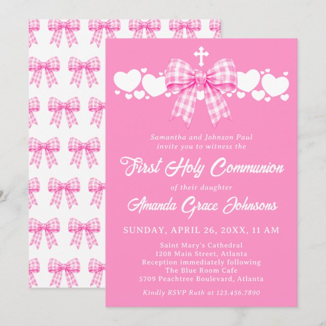 Invitación Lazo de gingham rosa para la primera comunión de u (Anverso / Reverso)