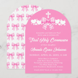 Invitación Lazo de gingham rosa para la primera comunión de u