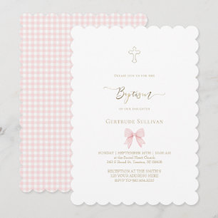 Invitación lazo de gingham rosa pequeño Bautizo