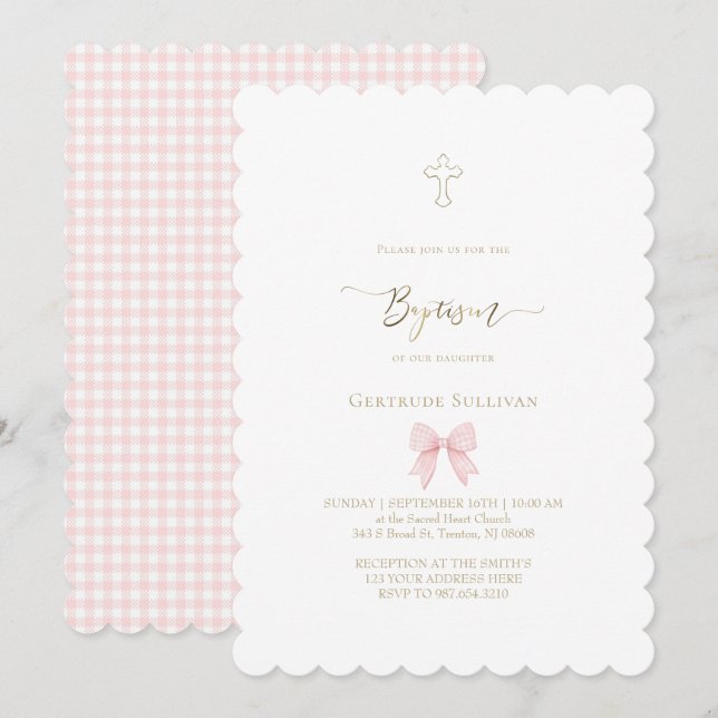 Invitación lazo de gingham rosa pequeño | Bautizo (Anverso / Reverso)