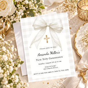 Invitación Lazo de gingham taupe crema niña primera comunión