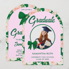 Invitación Lazo de gingham verde de flor silvestre Foto Gradu
