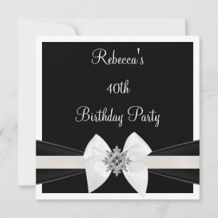 Invitación Lazo de joya blanco negro Cumpleaños elegante 40