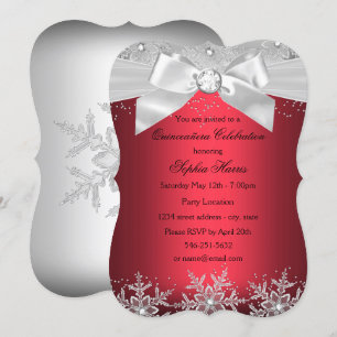 Invitación Lazo de joya de plata roja Quinceañera de copo de