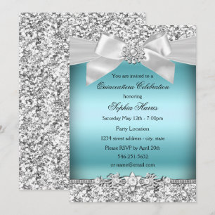 Invitación Lazo de joya de purpurina azul plateado Quinceañer