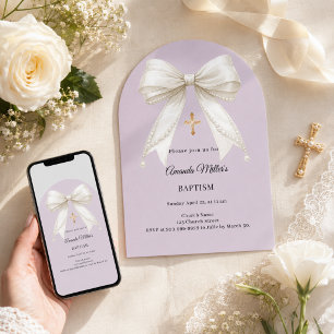 Invitación Lazo de lavanda polvorienta perlas marfil arco Bau