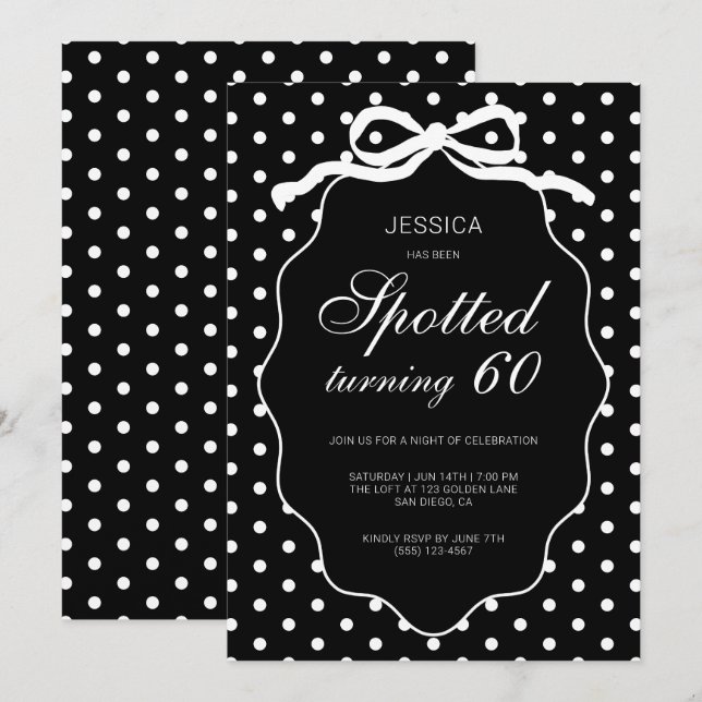 Invitación Lazo de lunares negro Cumpleaños 60 (Anverso / Reverso)