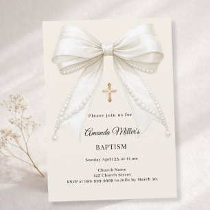 Invitación Lazo de marfil con perlas para niña, bautizo elega