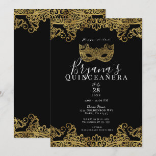 Invitación Lazo de Máscara Negro y Dorado Quinceañera 15