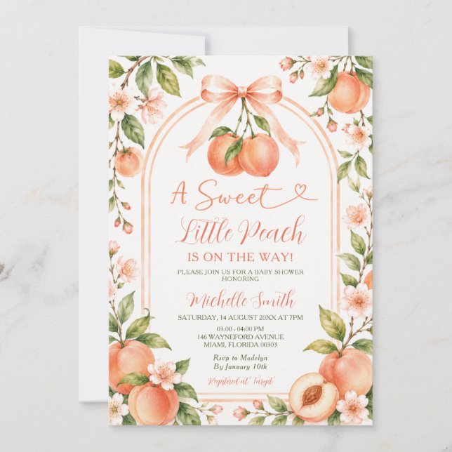 Invitación Lazo De Melocotón Dulce Cumpleaños Shower Floral (Anverso)