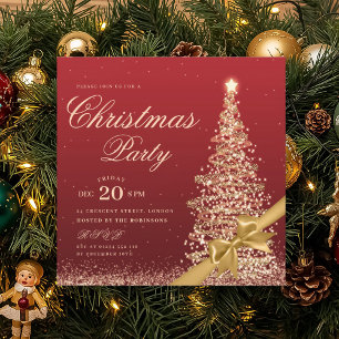 Invitación Lazo de Navidad de árbol de invierno rojo dorado e