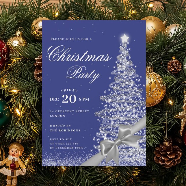 Invitación Lazo de Navidad de invierno de la Marina de Plata  (Silver Navy Winter Christmas Tree Bow Holiday Invitation)