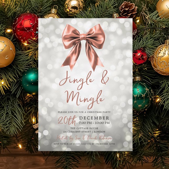 Invitación Lazo de Navidad Jingle Mingle de Rosa Dorada Plate (Silver Rose Gold Jingle Mingle Christmas Bow Invitation)