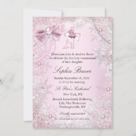 Invitación Lazo de Perla Rosa Cruz Santa Comunión o Bautizo