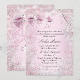 Invitación Lazo de Perla Rosa Cruz Santa Comunión o Bautizo