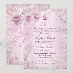 Invitación Lazo de Perla Rosa Cruz Santa Comunión o Bautizo