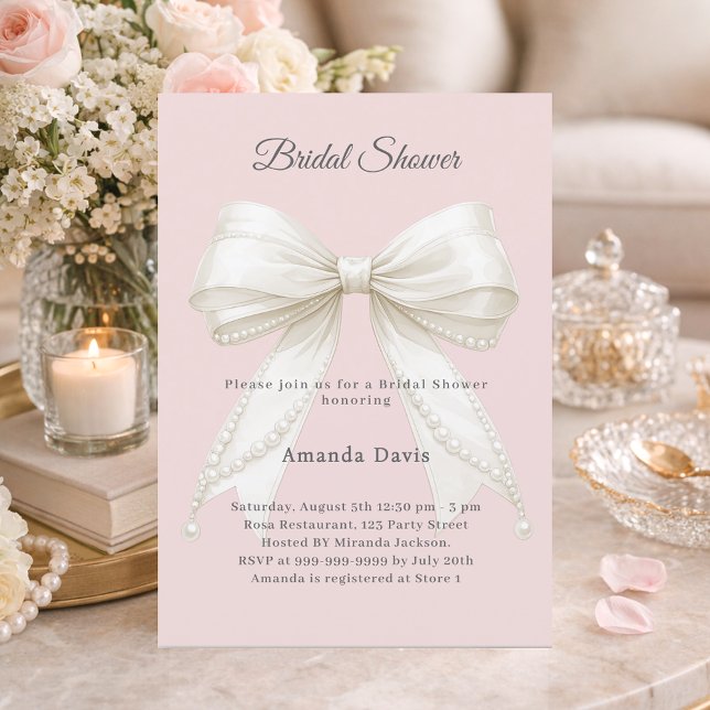 Invitación Lazo de perlas de marfil rosa Despedida de soltera (Subido por el creador)