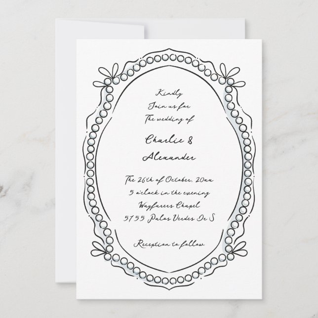 Invitación Lazo de pluma y tinta y Boda de perlas (Anverso)