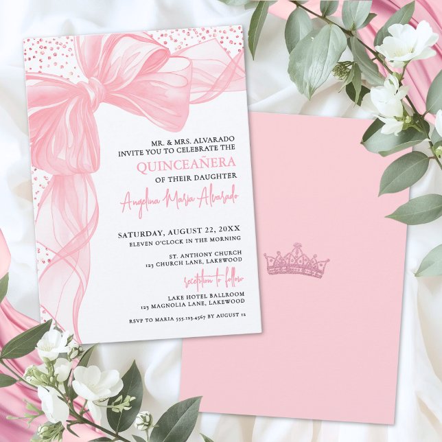 Invitación Lazo de purpurina rosa para Quinceañera (Blush Pink Quinceanera Invitation)