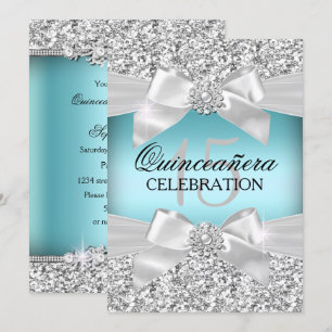 Invitación Lazo de Quinceañera de Brillo Azul Plateado y Joya