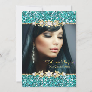 Invitación Lazo de Quinceañera de Brillo Teal Dorado & Joya