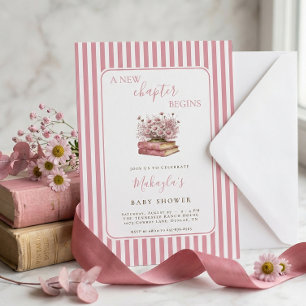 Invitación Lazo de Raya Rosa Libros Antiguos Floral Baby Show