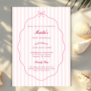 Invitación Lazo de rayas rosa sonrojado clásico cumpleaños de