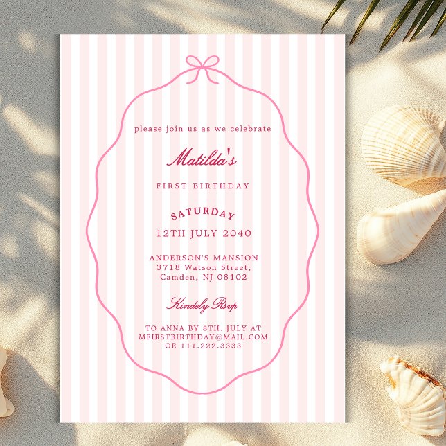 Invitación Lazo de rayas rosa sonrojado clásico cumpleaños de (Subido por el creador)