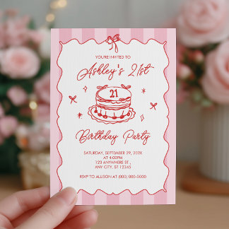 Invitación Lazo de rayas vintage Coquette rosa Cumpleaños 21