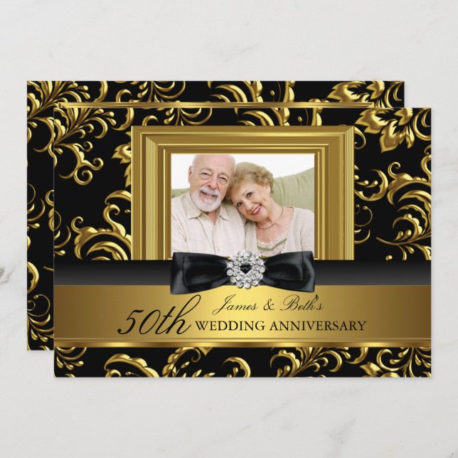 Invitación Lazo de remolino floral Foto 50 aniversario de bod (Anverso / Reverso)